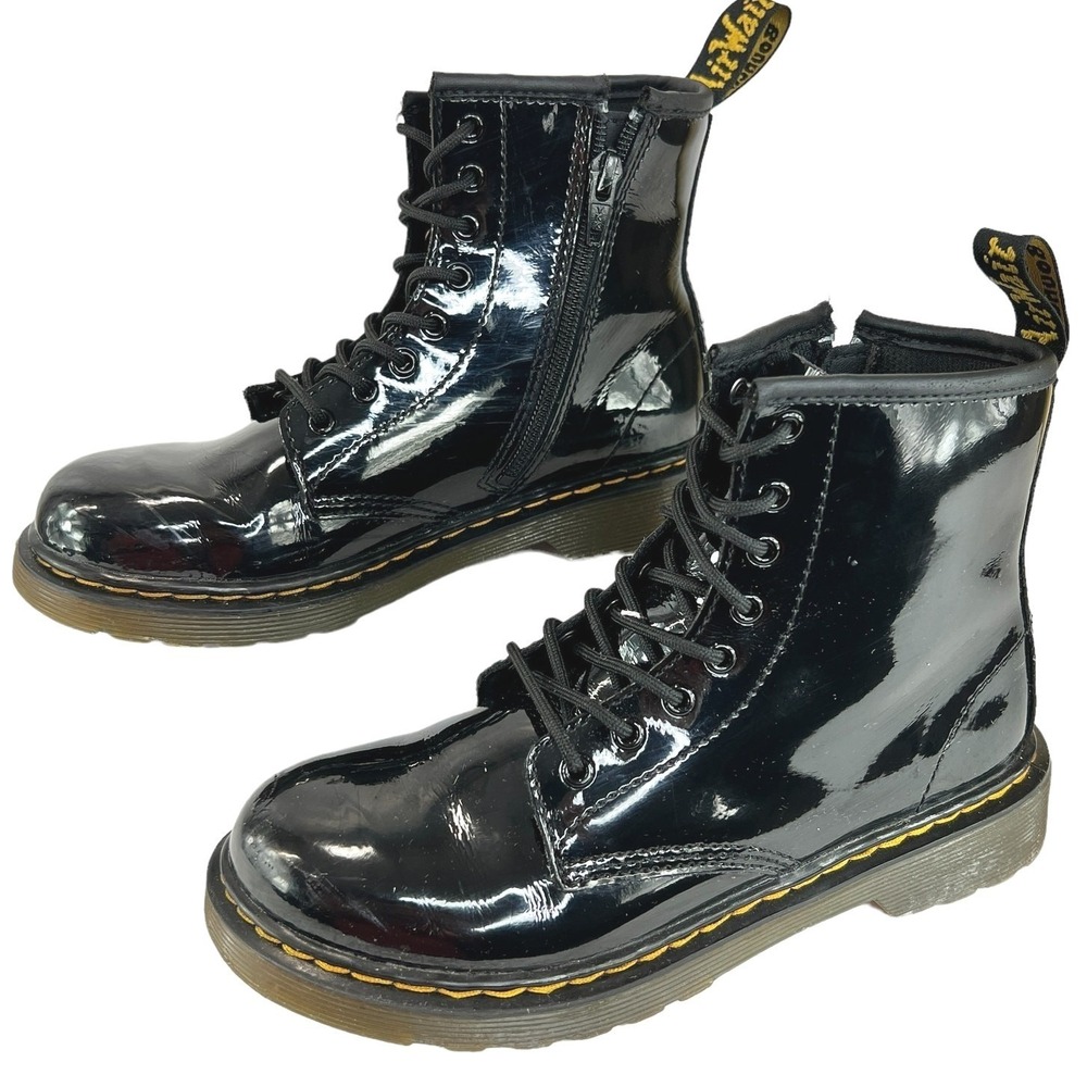 Dr. Martens 1460 J Patent Leather Lace Up Side Zip Ankle Boots Black Kids Size 3